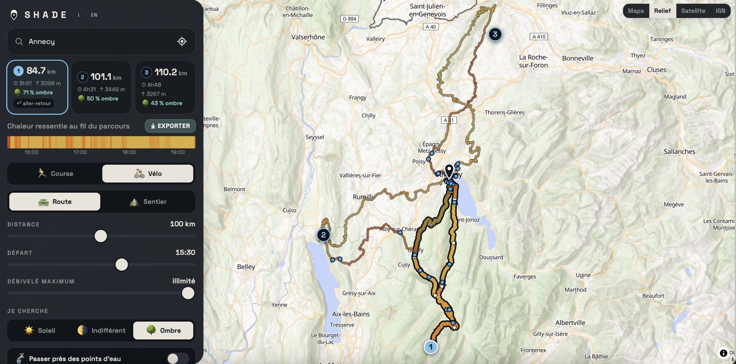 An 85 km ride around Annecy, 71% shade, flagged as an out-and-back