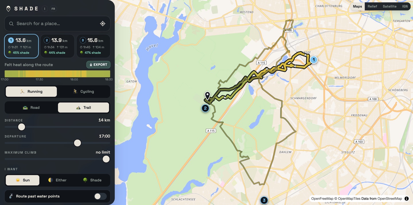 The same 14 km Berlin loop in Sun mode, 45% shade instead of 86%
