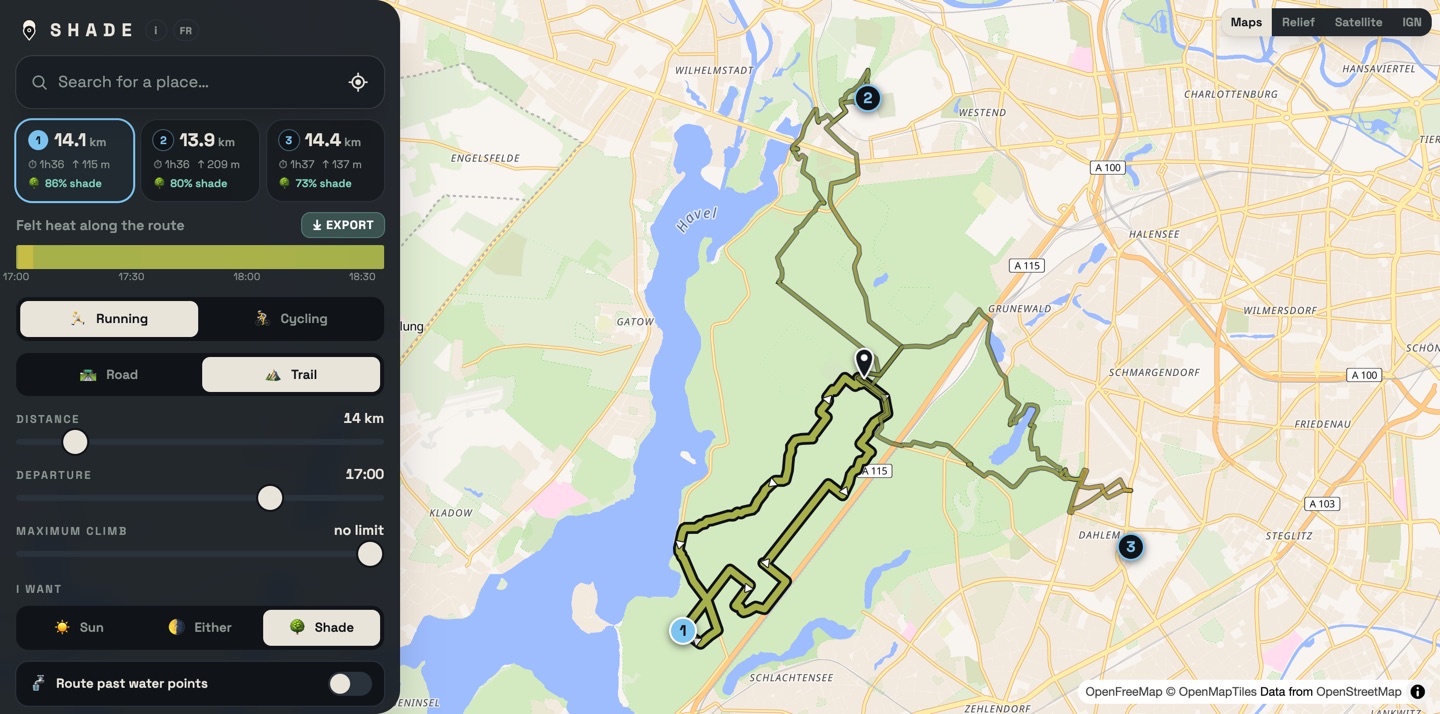 A 14 km trail loop in Berlin's Grunewald forest, 86% shade, plain basemap
