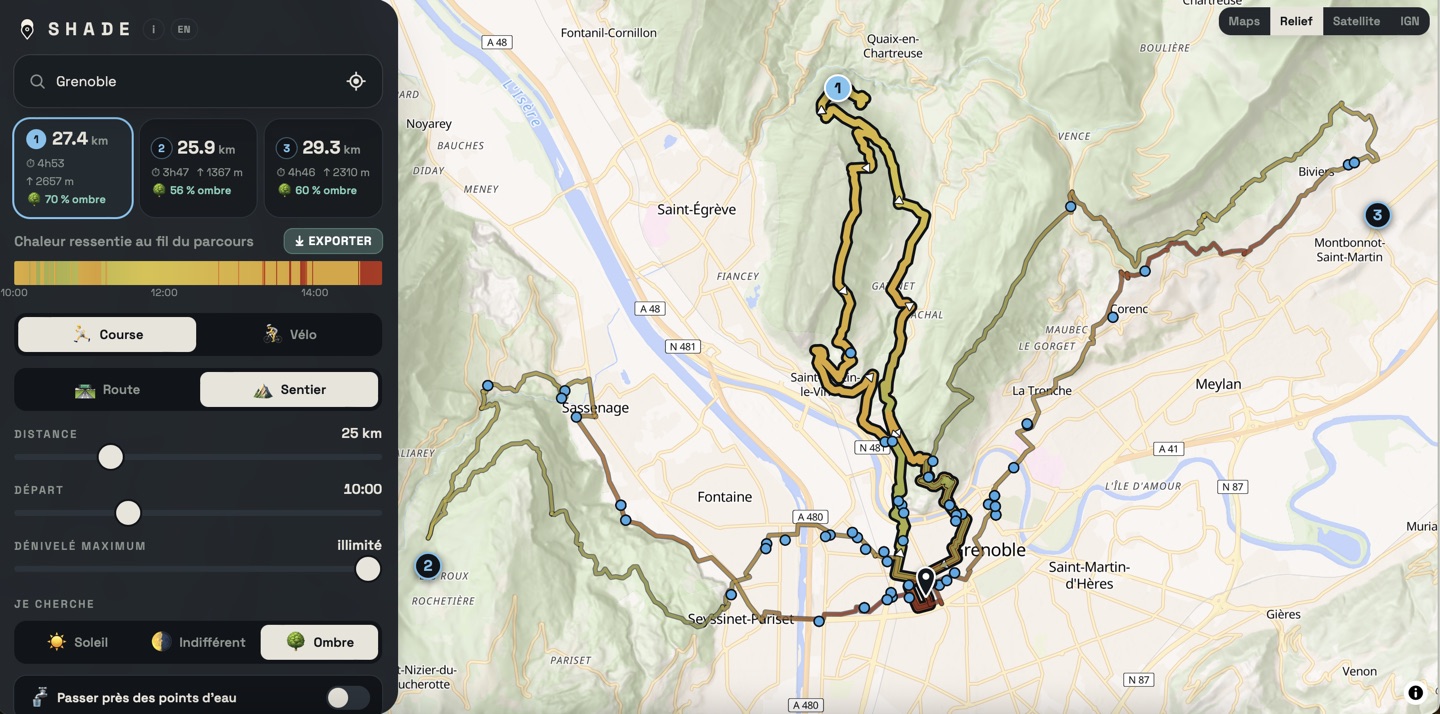A 27 km trail loop above Grenoble, 70% shade and 2657 m of climbing, relief basemap