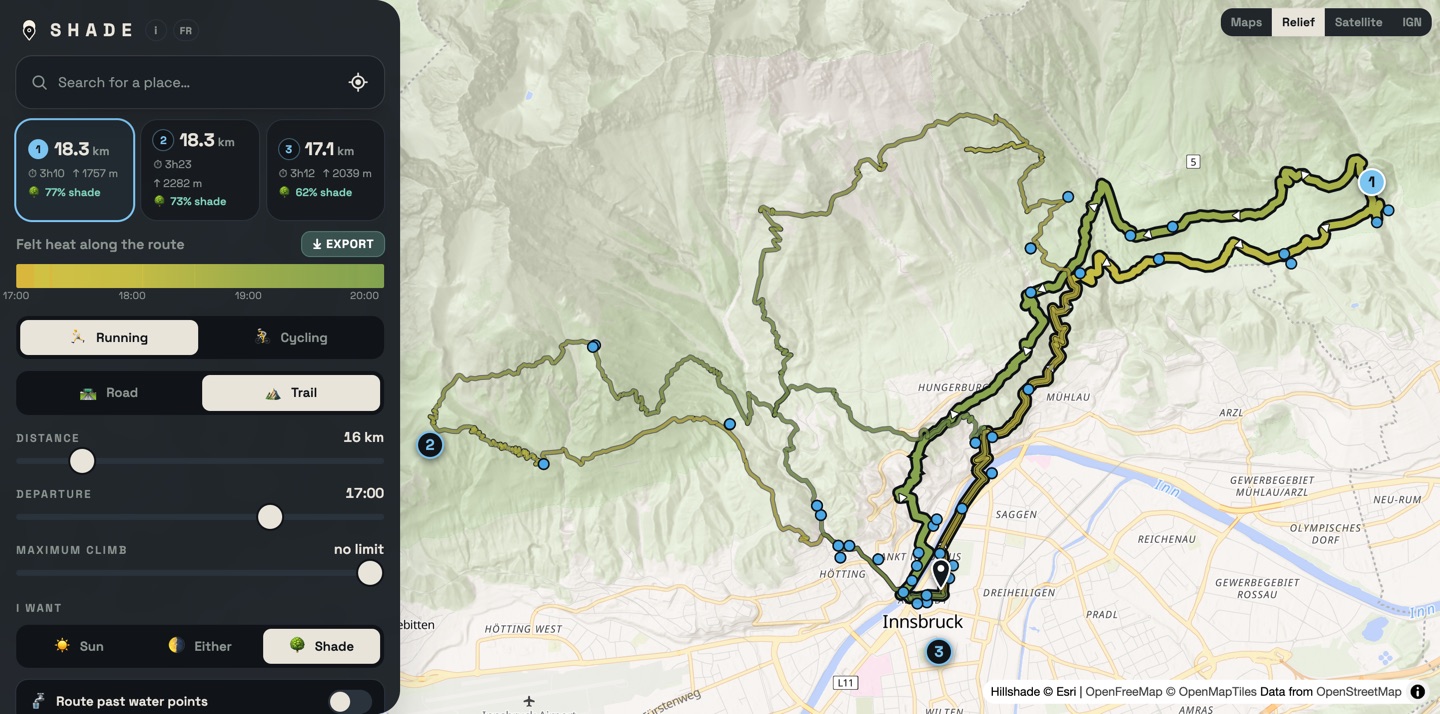 An 18 km trail loop on the Nordkette above Innsbruck, 77% shade and 1757 m of climbing, relief basemap