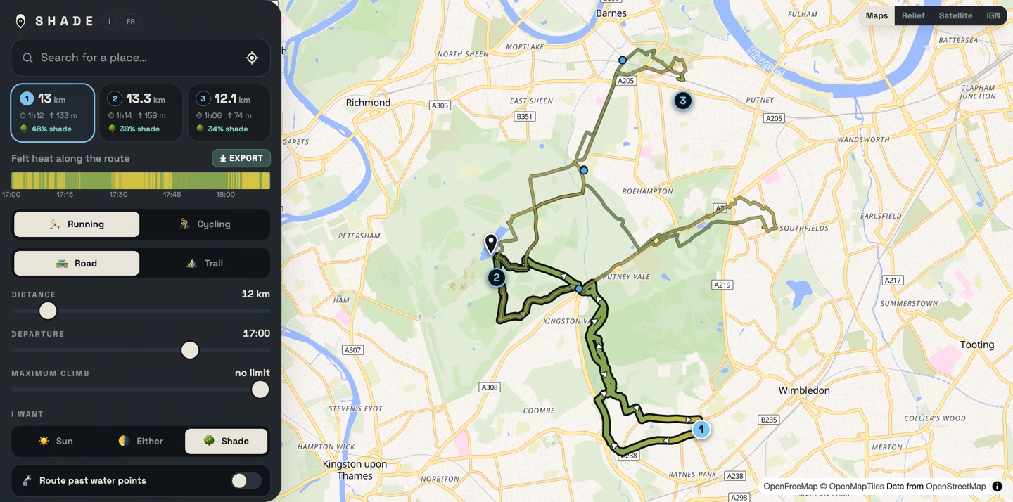 A 13 km running loop around Richmond Park in London, 48% shade