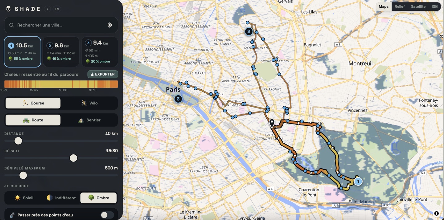 A 10 km running loop in Paris through the Bois de Vincennes, 55% shade, drinking water in blue