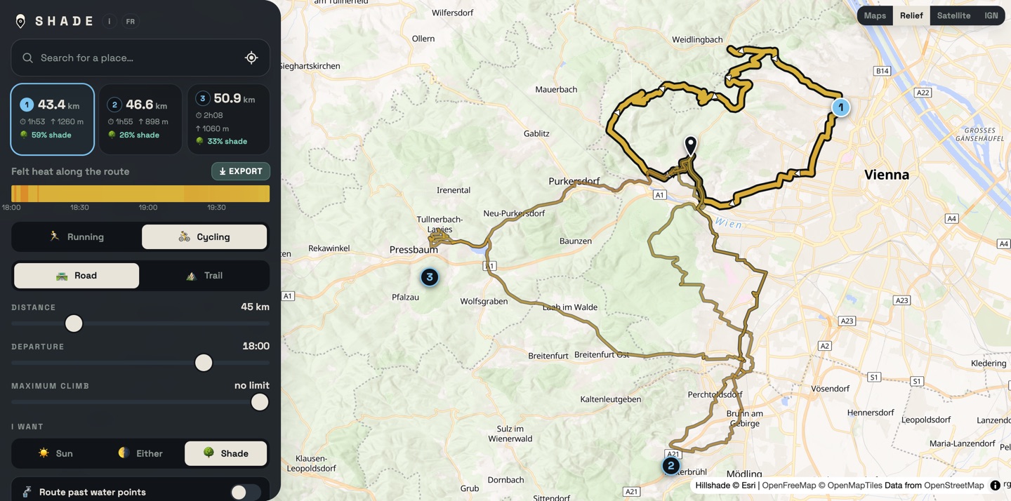 A 43 km ride in the Wienerwald near Vienna, 59% shade, relief basemap